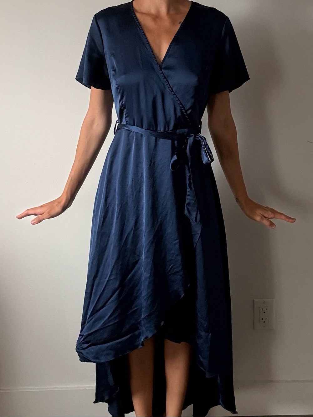 Missguided Navy Satin Faux Wrap High-Low Dress